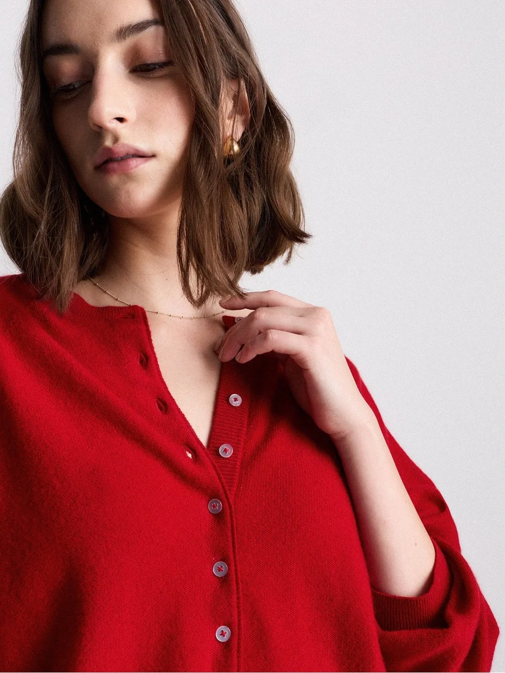Quince 100% Mongolian Cashmere Dolman Sleeve Henley Sweater Varsity Red Medium - Picture 2 of 9